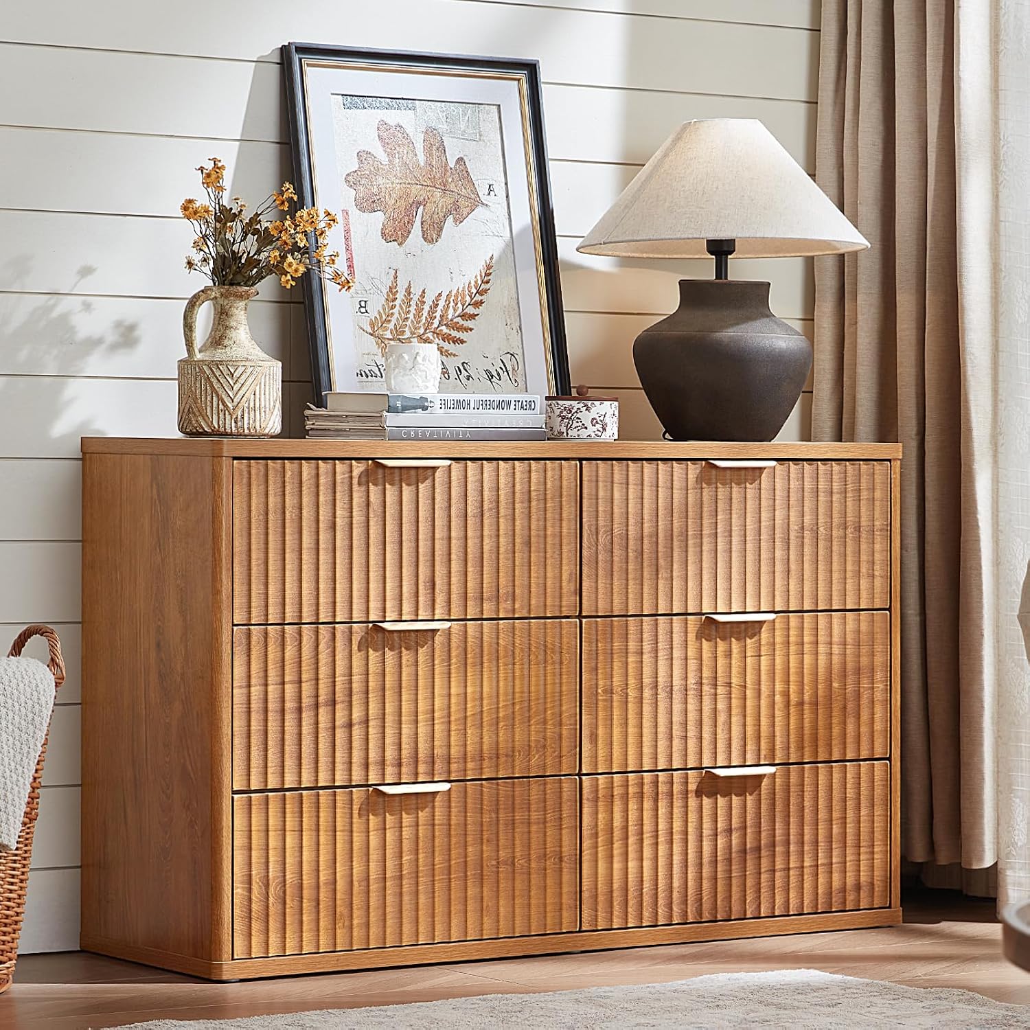 LEYAOYAO Fluted Dresser and Nightstand Sets, Wood 48' Wide Dresser & 23' Night Stand with Charging Station, 2 Piece Bedroom Furniture Set, Chest of Drawers for Bedroom, Home, Living Room,Brown