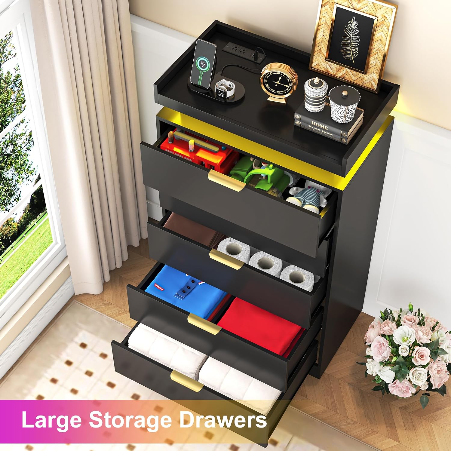 knoworld Tall Dresser for Bedroom, Black Dresser with LED Lights, Wood 5 Drawer Chest with Power Outlet, Modern Chest of Drawers for Bedroom, Living Room, Entryway, Hallway
