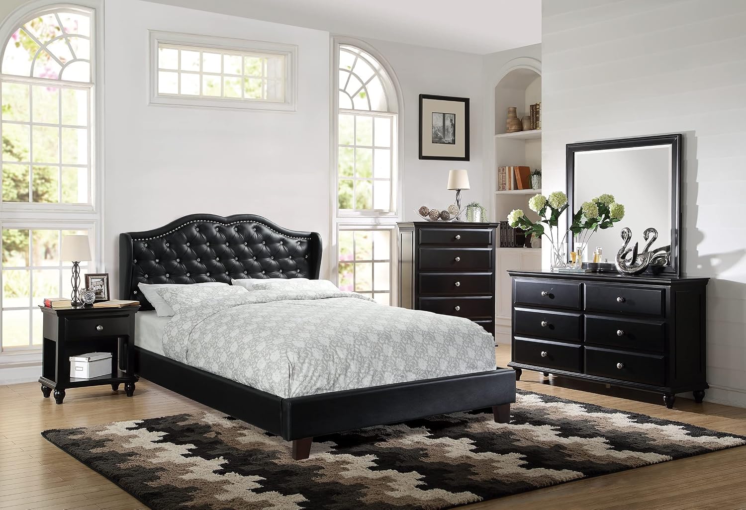1pc King Size Bed Set Curved Headboard Button Tufted Upholstered Bedroom Furniture Black