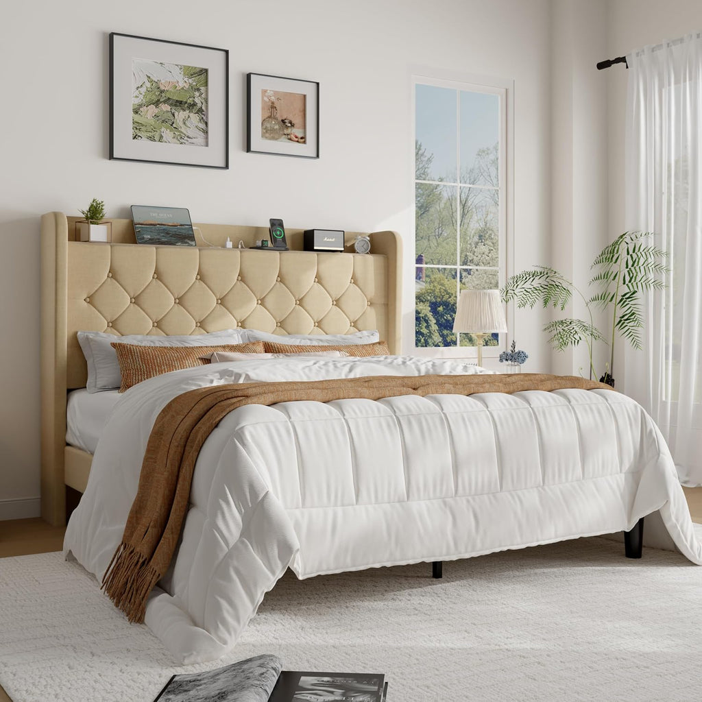 SHA CERLIN Full Size Platform Bed Frame with Charging Station, Linen Wingback Headboard with Storage Shelf, Wooden Slats Support, Ample Under-Bed Space, No Box Spring Needed, Easy Assembly, Beige