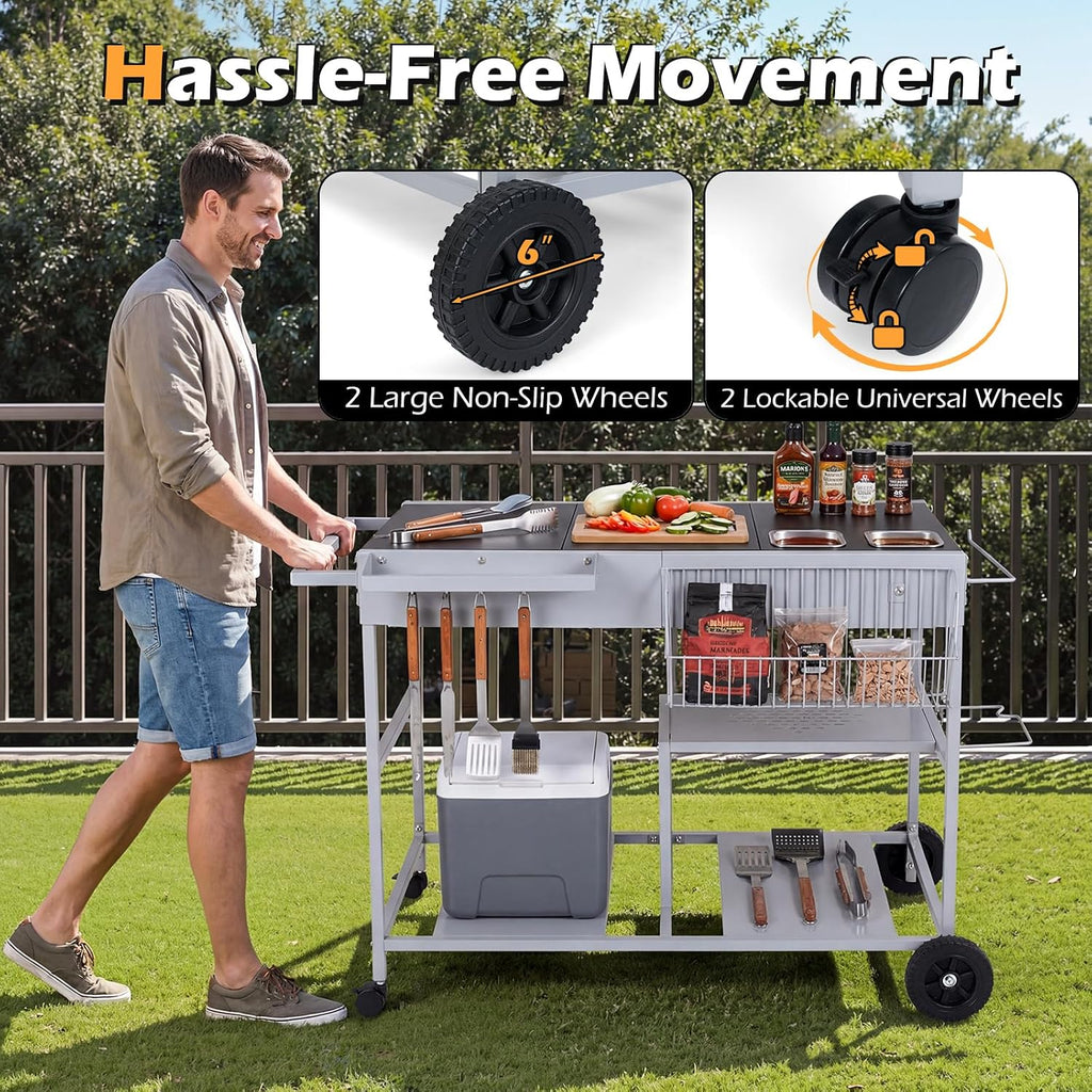 HAPPYGRILL Outdoor Grill Cart, Movable BBQ Pizza Oven Stand w/Lockable Wheels, Grill Tables w/Garbage Bag Holder, Removable Hooks, Portable Cooking Prep Table for BBQ Party