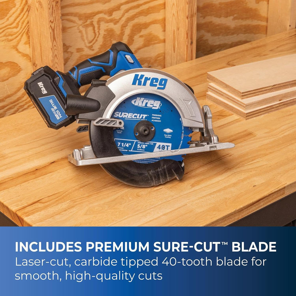 Kreg 20V Ionic Drive 7 1/4' Circular Saw, 20V Blue Ion Charger & Blue Ion 4Ah Battery Pack - Powerful Brushless Motor & Built-In Safety Features - LED for Cutline Visibility - KPTBCS725A