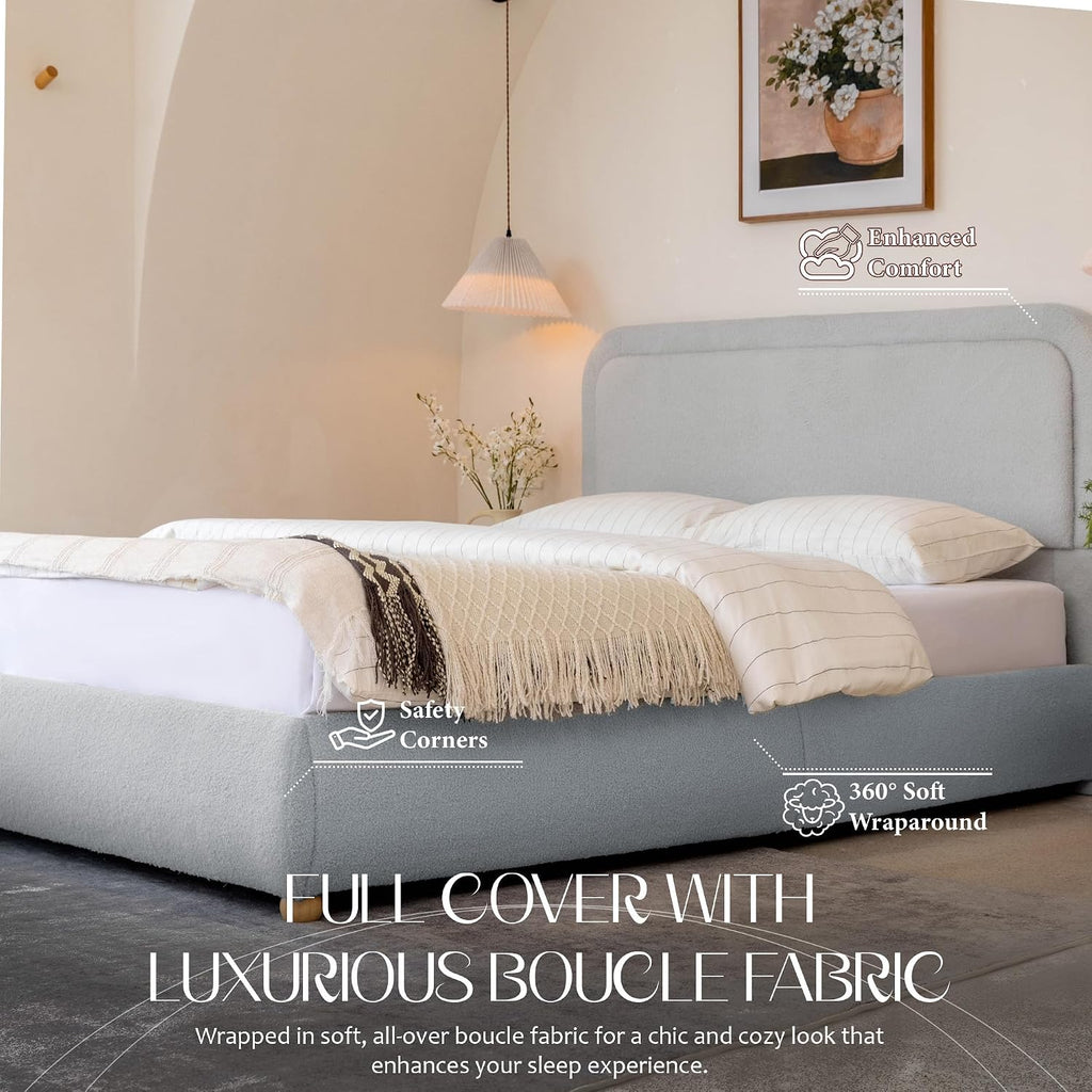 Yechen Boucle Cloud Full Bed Frame with Round Corner Headboard, Upholstered Soft Creamy Bedframe with Solid Wood Legs, Boho Fluffy Bed with Wooden Slats, Easy Assembly, No Box Spring Needed, Grey