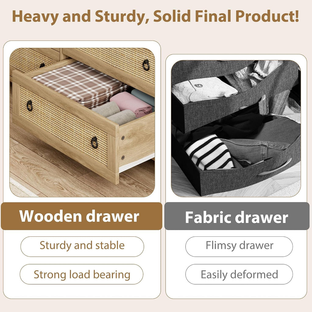 IDEALHOUSE Rattan Dresser for Bedroom with 5 Drawers, 45'' Tall Chest of Large Drawers with Large Clothes Storage Cabinet, Wood Bedroom Dresser, TV Stand for Nursery, Living Room, Enterway