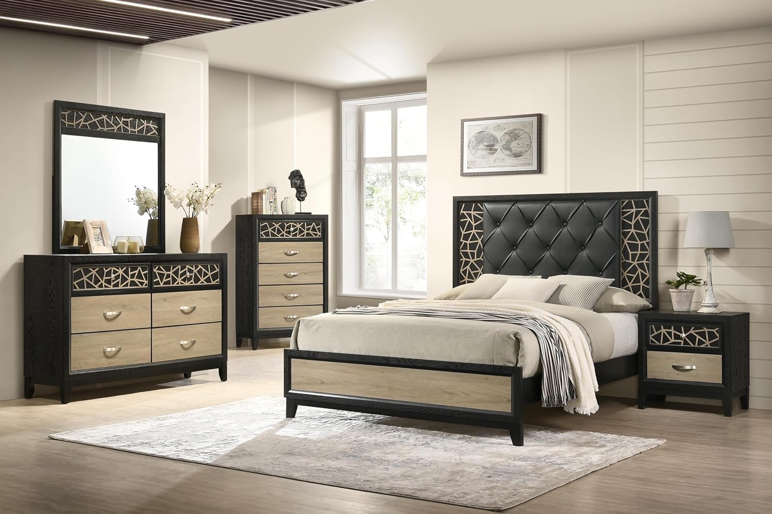 Modern Contemporary King 5PC Bedroom Set Made with Wood in Black and Natural