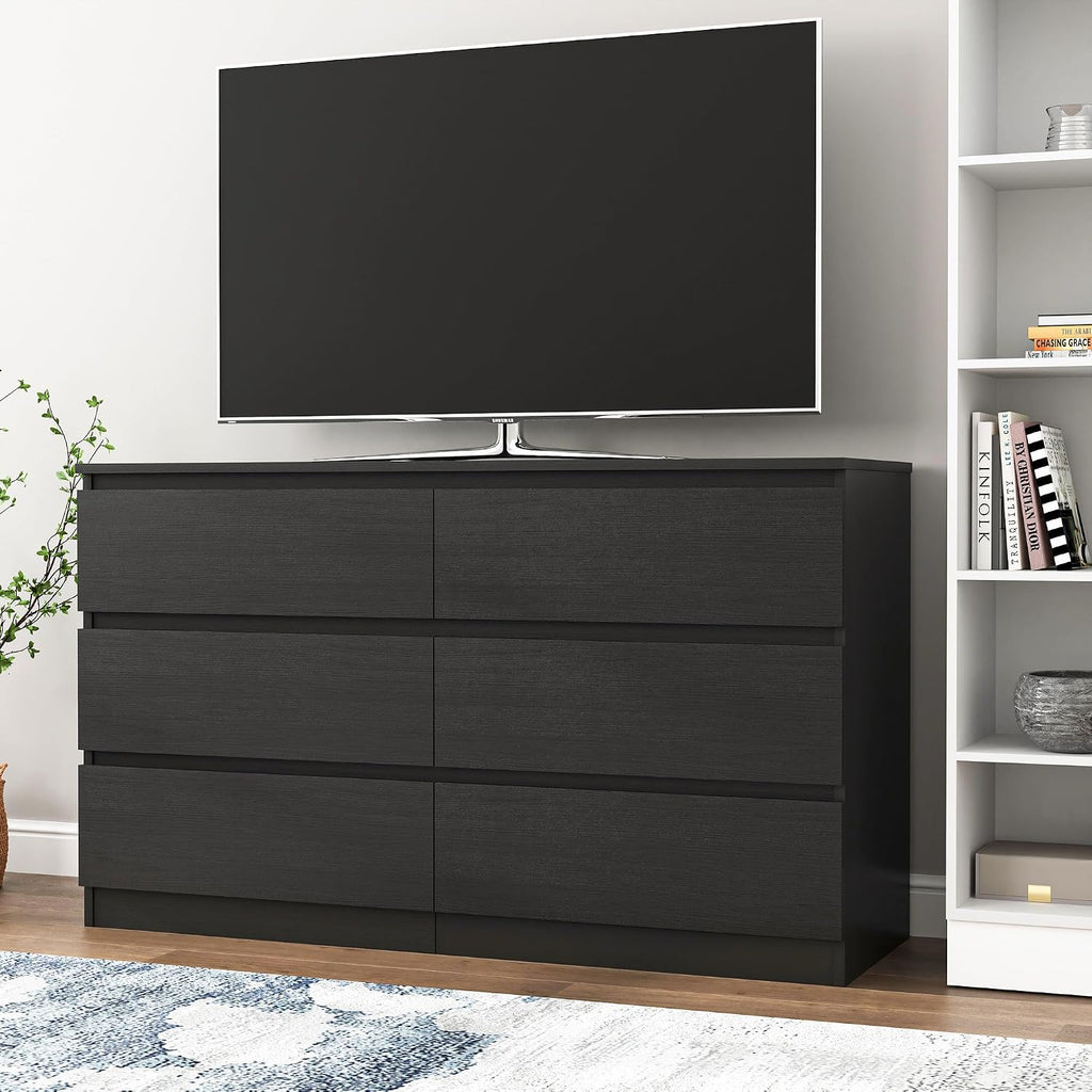 Vibe & Dine Double Dresser 6 Drawer, Modern Chest of Drawers with Wide Storage for Closet, Bedroom, Living Room, Black
