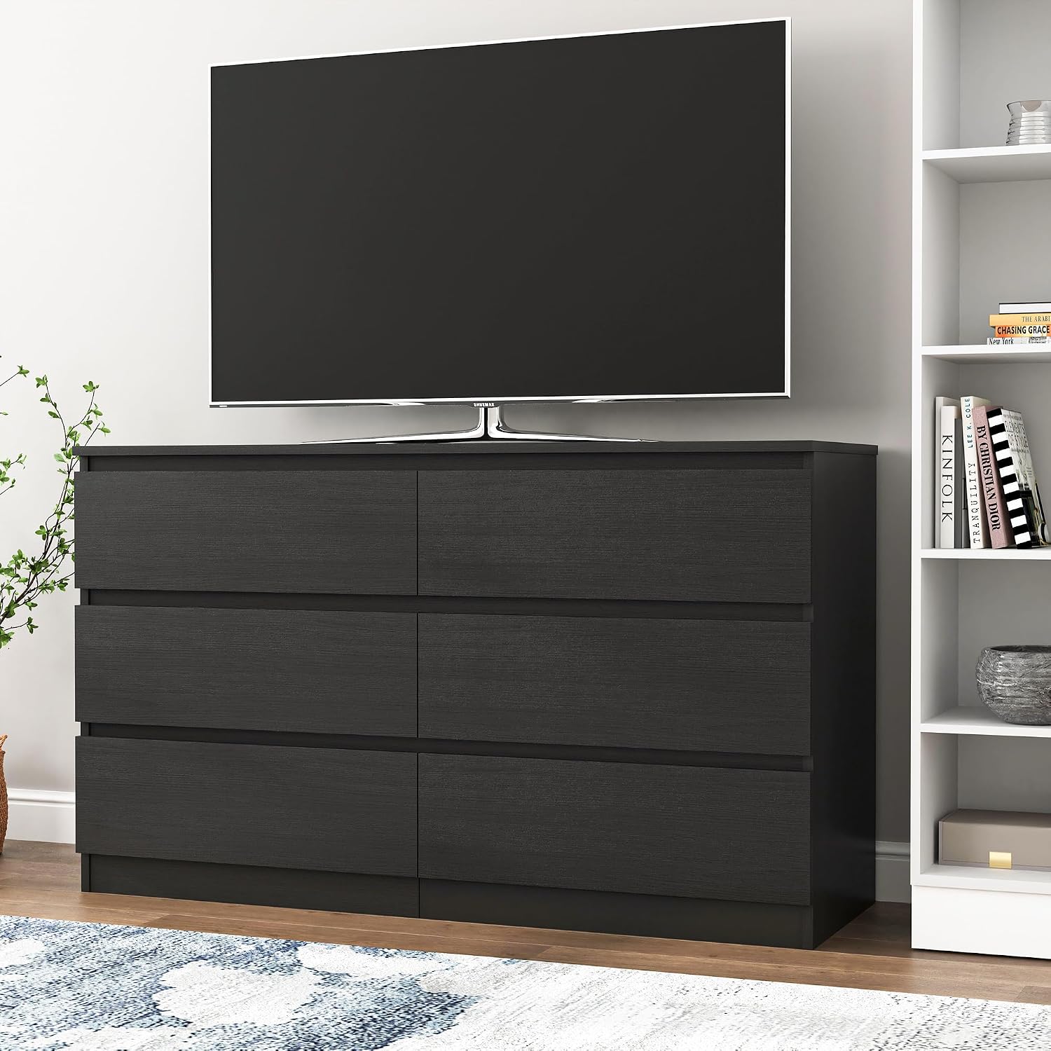 Vibe & Dine Double Dresser 6 Drawer, Modern Chest of Drawers with Wide Storage for Closet, Bedroom, Living Room, Black