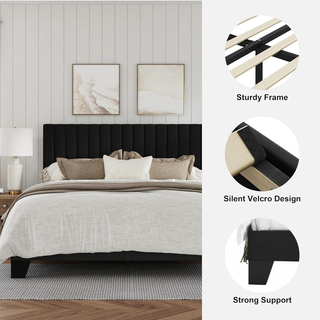 IOILORI Full Size Bed Frame, Velvet Upholstered Platform Bed with Adjustable Tufted Headboard, Sturdy Frame and Slats, Noiseless, No Box Spring Required, Easy to Assemble, Black