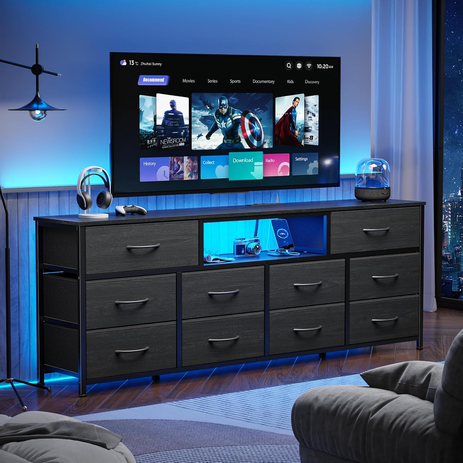 Furnulem 63' Long Dresser for Bedroom, TV Stand for 65 to 75 inch TV, Black Dresser with 10 Fabric Drawers, Chest of Drawer for Closet, Entertainment Center with Power Outlet & LED Light