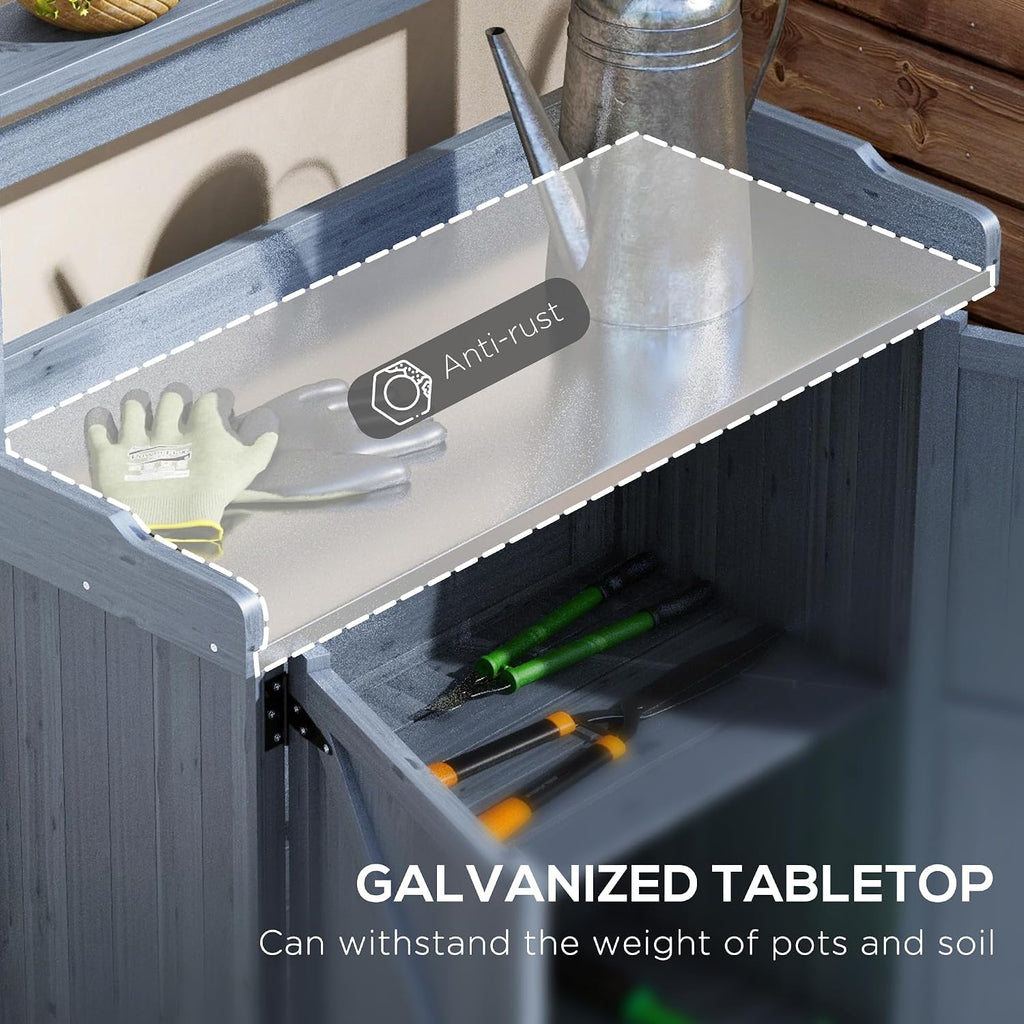 Outdoor Wooden Potting Bench with Cabinet & 2 Shelves – Galvanized Tabletop, Anti-Slip Feet, Weather-Resistant Garden Workstation for Backyard, Balcony, Patio (Gray, 35.75' W)