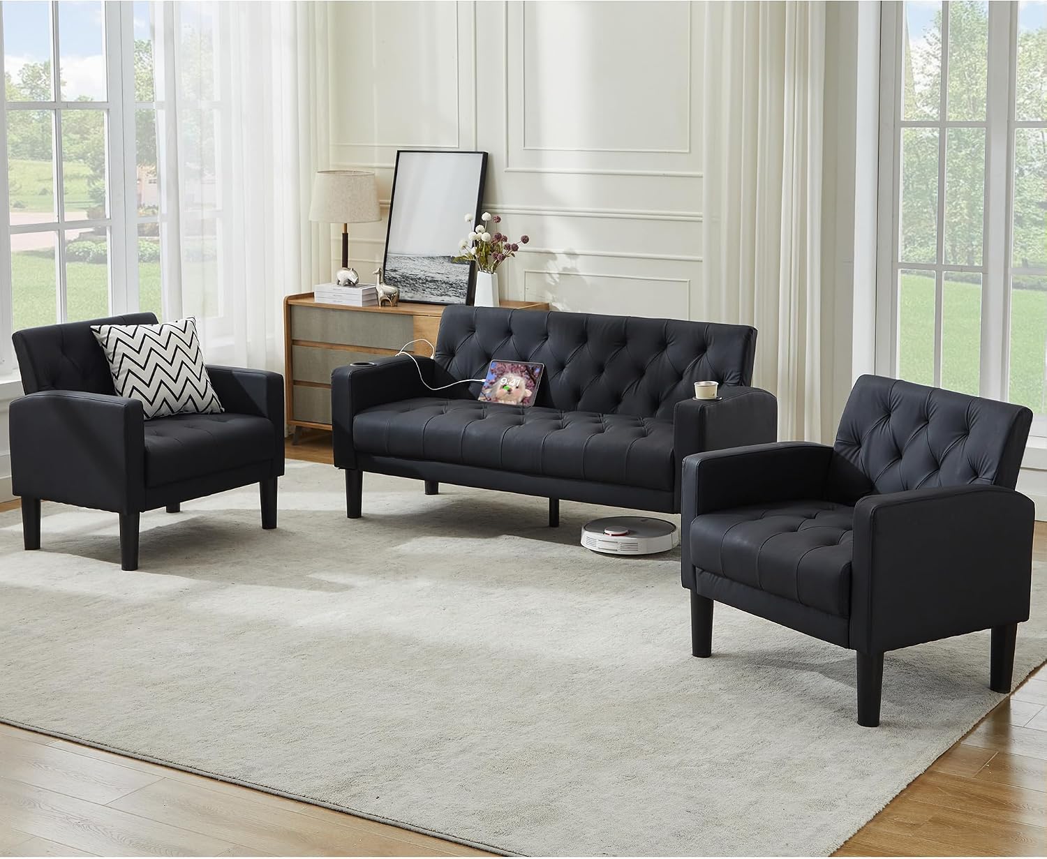 TYBOATLE Mid-Century Modern Tufted Black Faux Leather Loveseat Sofa Set w/ 2 USB & 2 Cupholders, 3 Piece Living Room Furniture Sets, Small Love Seat Couches for Small Space Apartment Bedroom Office