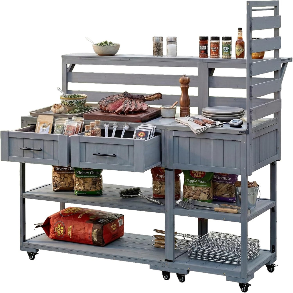 Patio Potting Bench Table with Stainless Table Top, Outdoor Large Garden Workstation on Wheels with Raised Shelf and Drawers for Backyard (Gray)