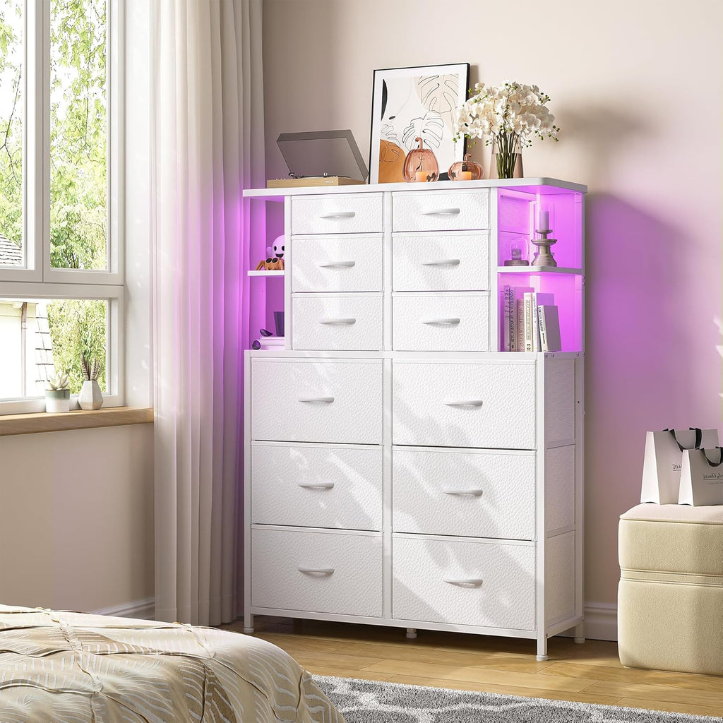 White Dresser for Bedroom with 12 Drawers & LED Lights,4 Open Storage Shelves, Fabric Dressers & Chests of Drawers for Living Room, Entryway, Dorm, Metal Frame, Wood Top,45.2' H x 35.4' W x 11.8' D