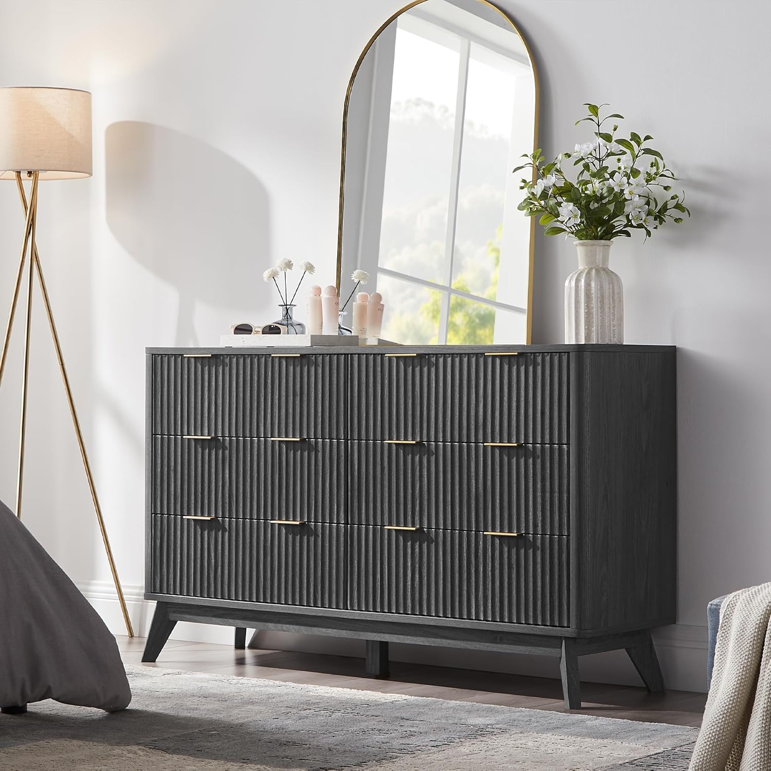 T4TREAM Fluted 6 Drawers Dresser, 54' Wide Modern Chest of Drawers, Curved Profile Design, Dresser TV Stand, Wood Drawer Organizer for Bedroom, Living Room, Hallway, Dark Alder