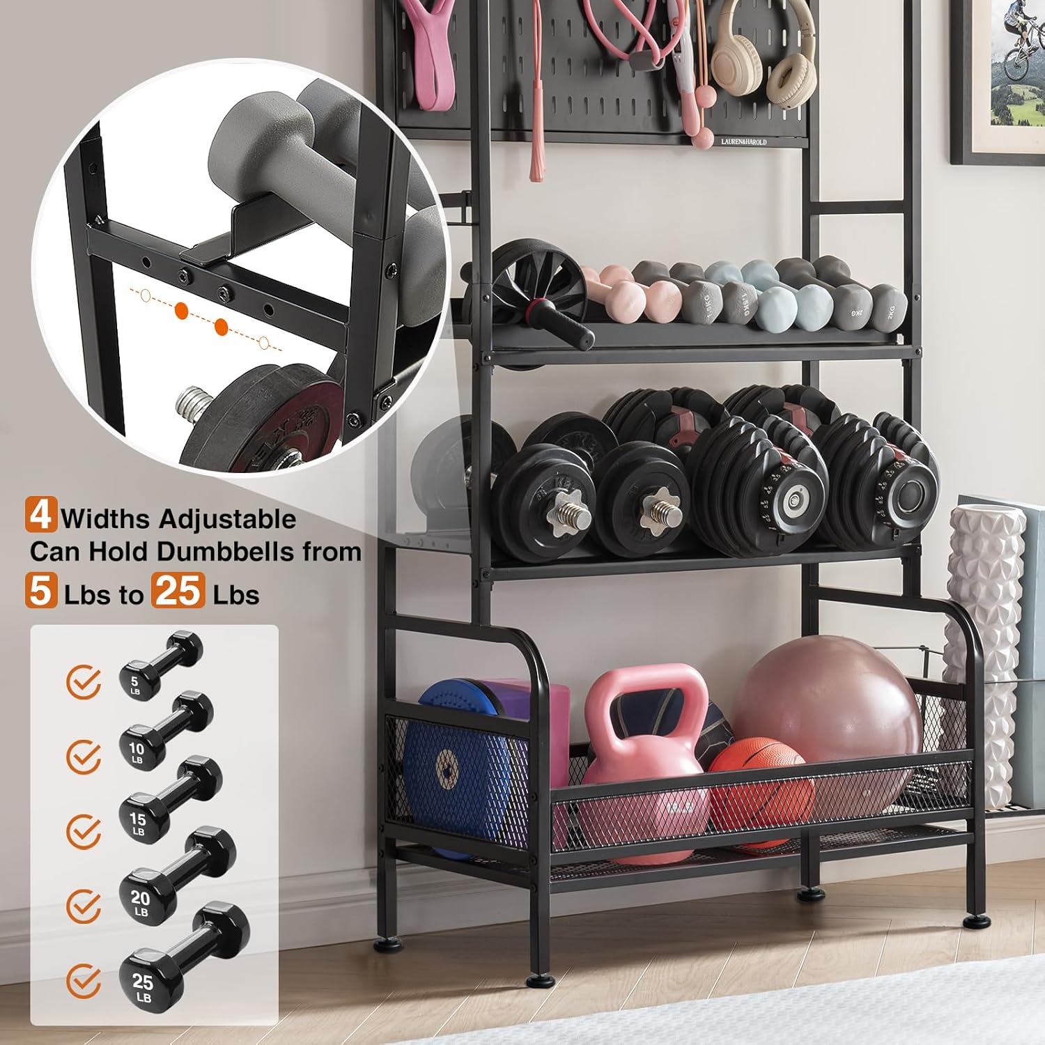 Taller Home Gym Storage Organizer, Yoga Mat Storage Rack with Hanging Board, Exercise Workout Equipment Storage Stand for Home Gym, Dumbbell Holder Kettlebell Rack with Wheels and Hooks