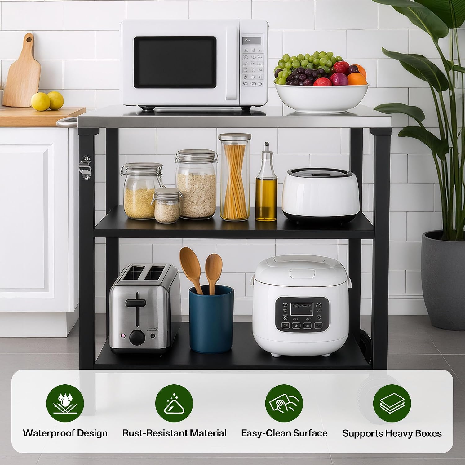 CubisVeta All-in-One Stainless Steel Kitchen Cart - Mobile Workbench with Storage Shelf & Built-in Opener for Indoor Outdoor Cooking, BBQ & Patio (Black and Silver, 39)