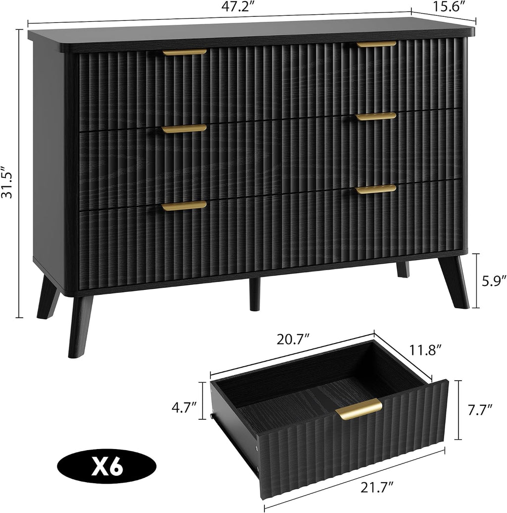 GarveeHome Fluted Dresser for Bedroom with 6 Deep Drawers, 47.2 in Wide Modern Chest of Drawers, Wooden Dresser TV Stand, Curved Profile Design, for Living Room, Kids Room, Hallway, Black