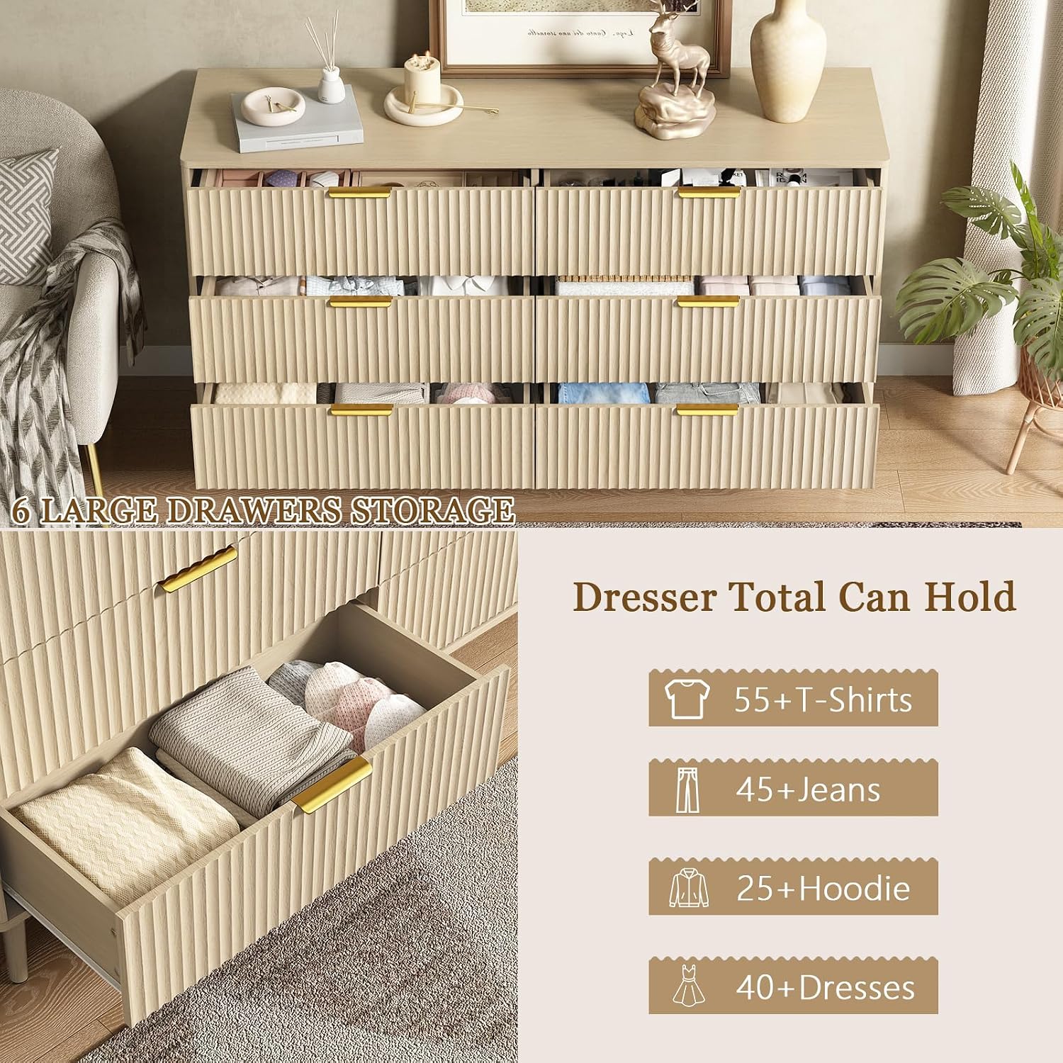 CARPETNAL Fluted Dresser and Nightstand Sets for Bedroom, 3 Pcs Bedroom Set, 6-Drawer Dresser & 2-Drawer Nightstand Set of 2, Modern Wood Chest of Drawers for Living Room, Entryway, Beige