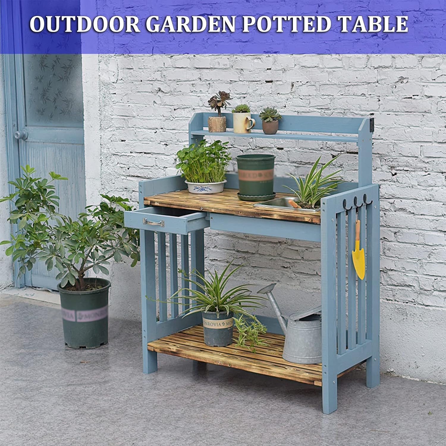 Potting Bench, Outdoor Garden Potting Bench Table, Tool Storage Rack,with Drawer/Adjustable Shelf Rack/Removable Sink/Hooks