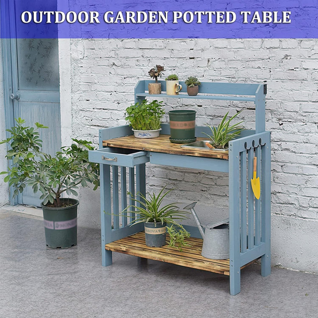 Outdoor Garden Potting Bench Table, Tool Storage Rack,with Drawer/Adjustable Shelf Rack/Removable Sink/Hooks