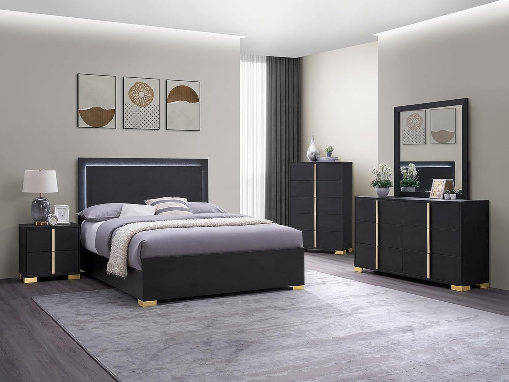 Coaster Home Furnishings Marceline Contemporary 5-Piece Bedroom Set Full Size LED Panel Bed Frame 51-inch Headboard Black 222831F-S5