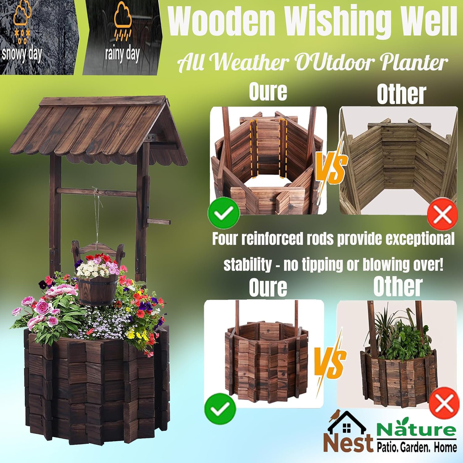 NestNature 25.56' Carbonized Wooden Wishing Well Planter for Outside, Rustic Outdoor Wishing Well with 4 Reinforced Rods & Hanging Bucket, Decorative Well Cover for Yard Garden Patio Lawn Backyard
