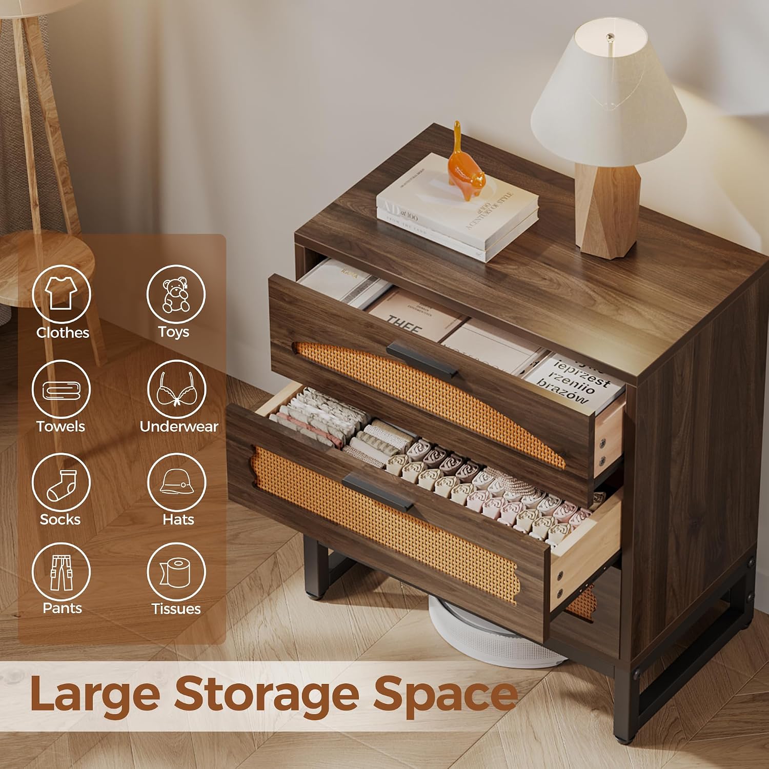 Mericonia 3 Drawer Rattan Dresser for Bedroom, Wood Dresser for Closet with Metal Handles, Small Boho Nightstand Sets, Dressers & Chests of Drawers for Bedroom, Hallway and Entryway, Walnut