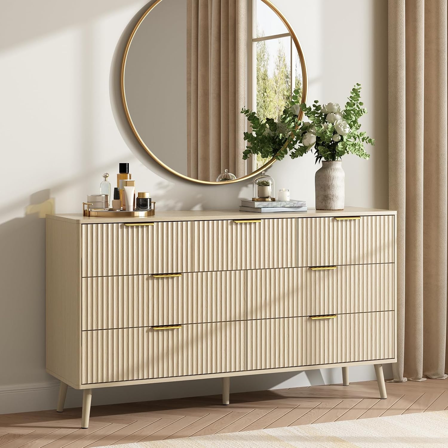 CARPETNAL Fluted Dresser and Nightstand Sets for Bedroom, 3 Pcs Bedroom Set, 7-Drawer Dresser & 2-Drawer Nightstand Set of 2, Modern Wood Chest of Drawers for Living Room, Entryway, Beige