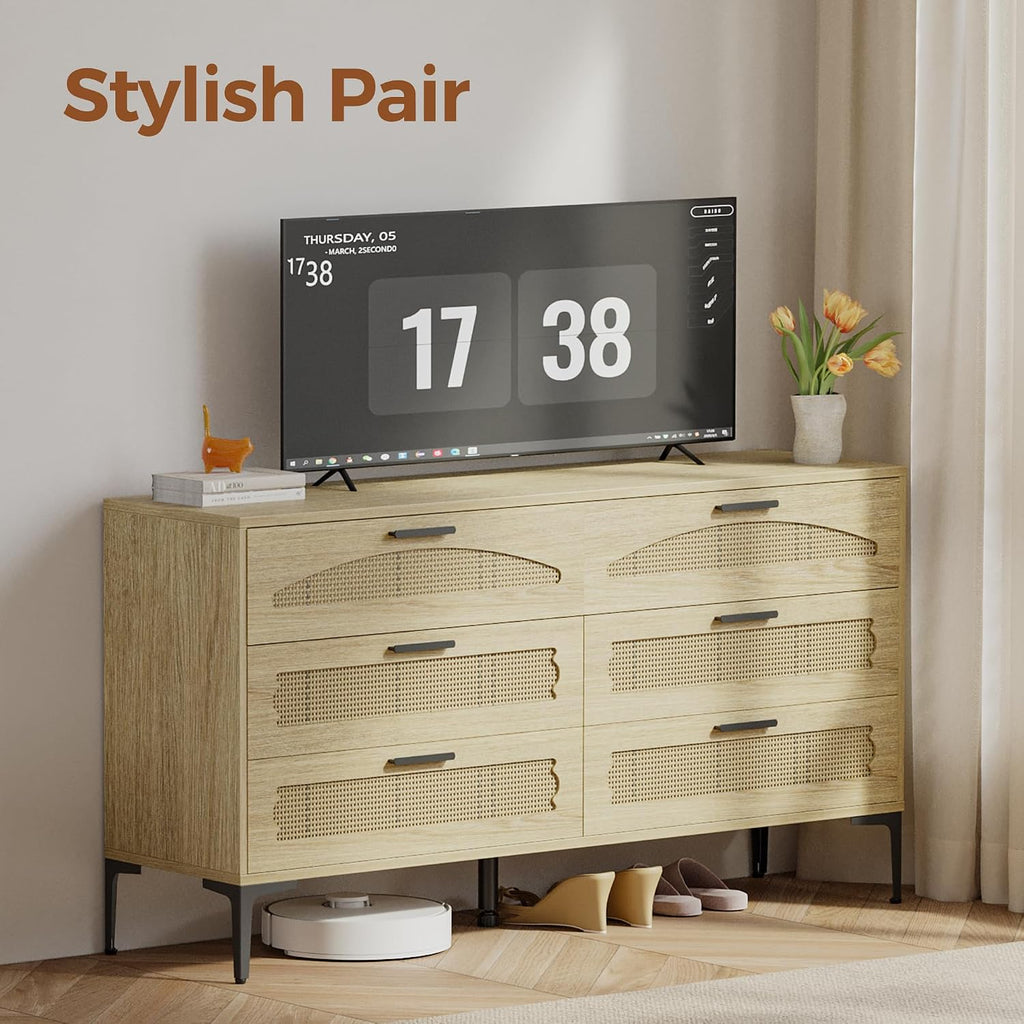 Mericonia 6 Drawer Double Dresser for Bedroom, Wood Rattan Dresser for Closet with Metal Legs, Boho TV Stand with Drawers, Dressers & Chests of Drawers for Bedroom, Hallway and Entryway, Oak