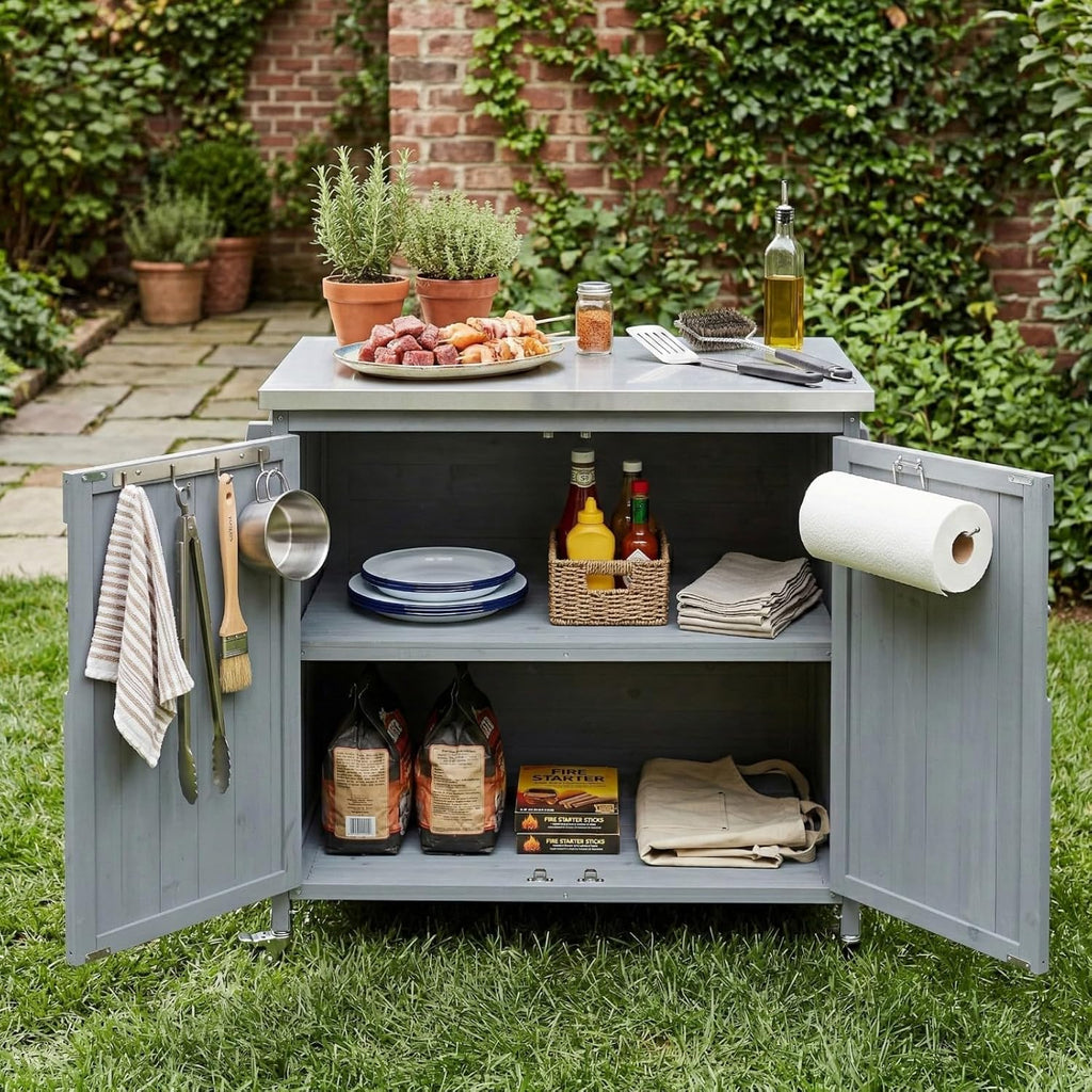 42.1' Outdoor Grill Cart with Storage, Small Kitchen Island with Stainless Steel Top, Side Shelf & Adjustable Shelf, Mobile Bar Cart with Storage and Locking Wheels (Grey+Blue)