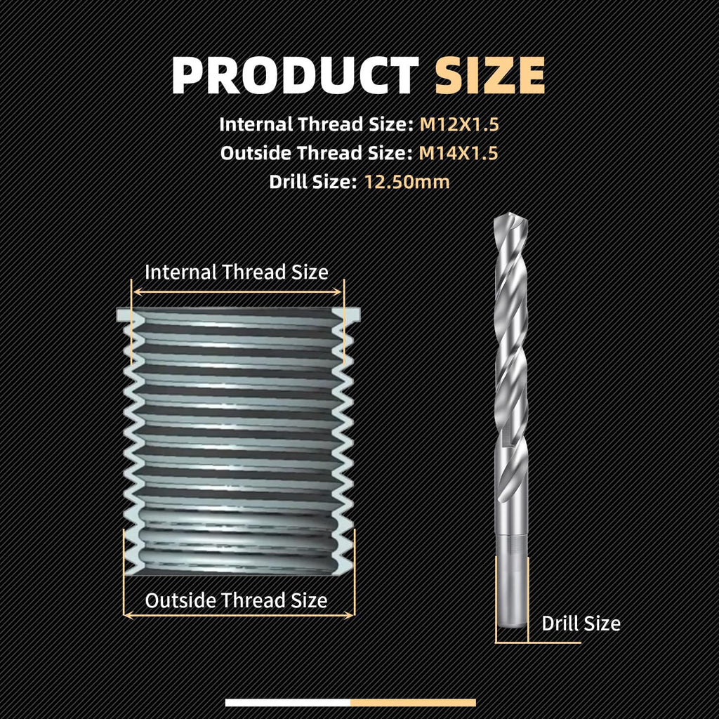 M12X1.5 Thread Repair Kit with Insert HSS Drill, Tap, Counterbore, Installation Driver, Metric, 10PCS Stainless Steel Insert M12X1.5X9.2MM