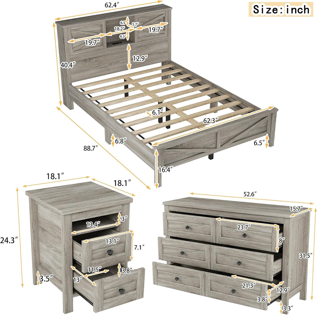 LUMISOL 3-Piece Queen Size Bedroom Set, Rustic Wooden Platform Bed with Storage Headboard & Charging Stations, a Nightstand and Dresser, Queen Size Farmhouse Bedroom Furniture Set, Gray