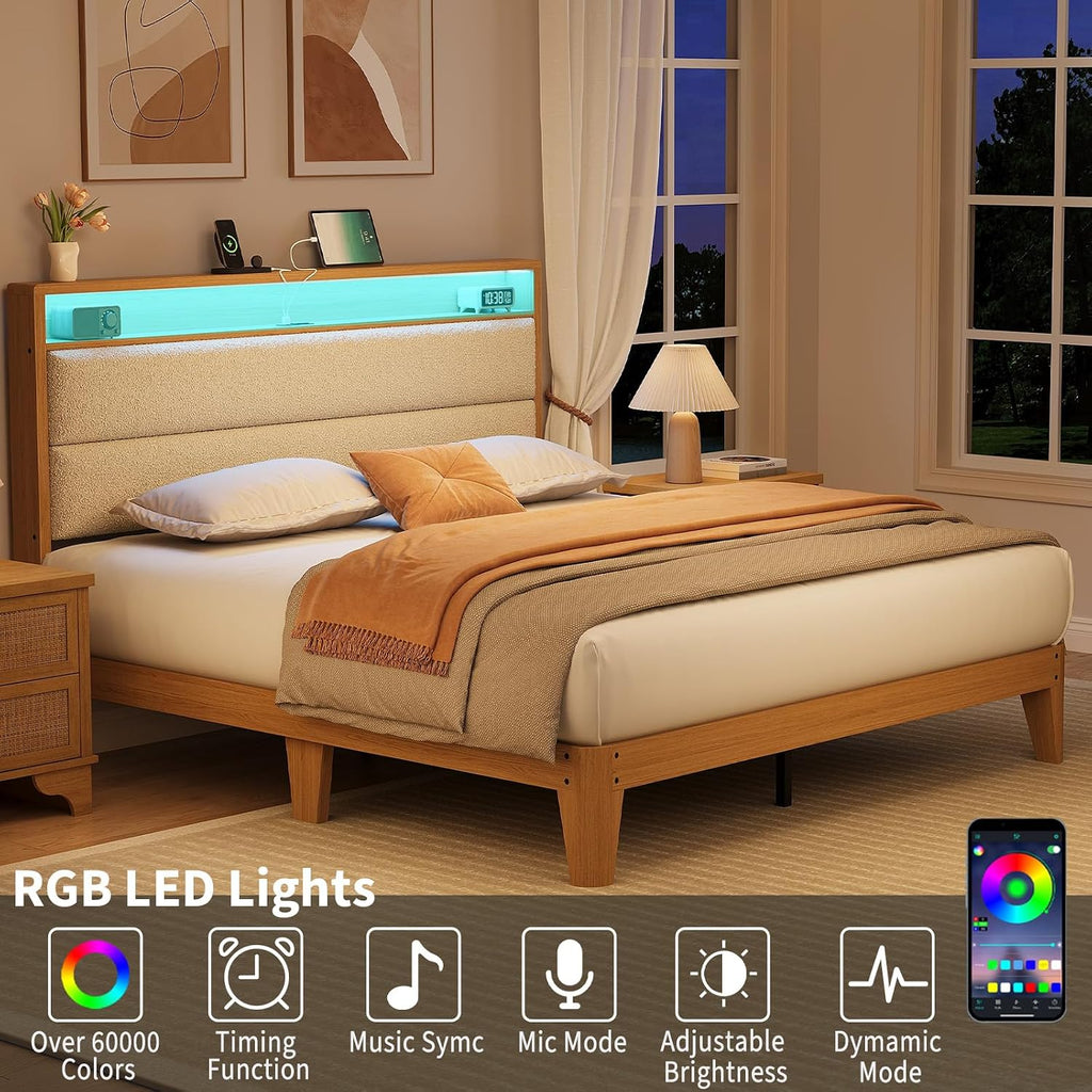 Garvee Queen Size Boucle Bed Frame with Headboard and LED Lights, Upholstered Platform Bed Frame with Charging Station and 2-Tier Storage Shelves, No Box Spring Needed, Easy Assembly, Cream