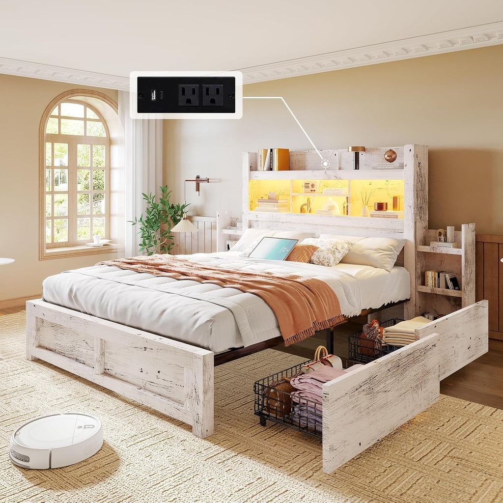 LUXOAK Queen Bed Frame with 49.6' Bookcase Headboard & 4 Drawers & 2 Detachable Bedside Stoage Racks, Farmhouse Wood Bed Frame with RGB LED & Charging Station, No Box Spring Needed, Distressed White