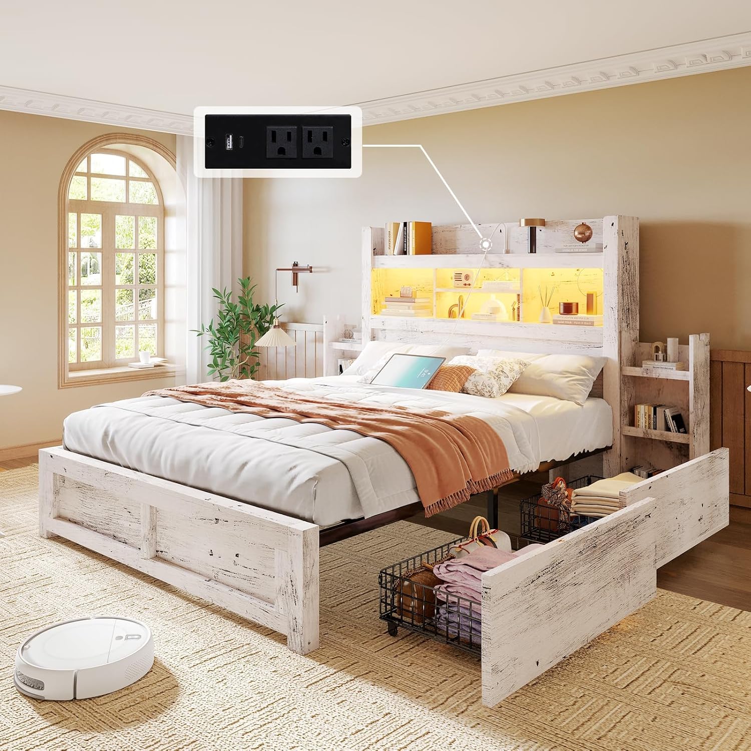LUXOAK Queen Bed Frame with 49.6' Bookcase Headboard & 4 Drawers & 2 Detachable Bedside Stoage Racks, Farmhouse Wood Bed Frame with RGB LED & Charging Station, No Box Spring Needed, Distressed White