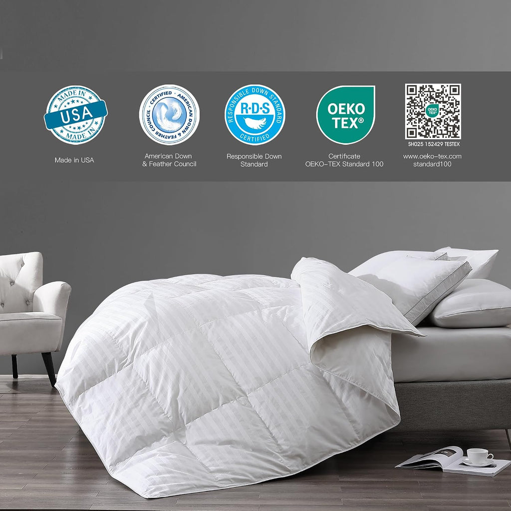 Hotel Grand Goose Down Comforter Duvet Insert Queen - Made in USA，Ultra Soft Striped Pattern Cotton Cover Fabric Fluffy， Hypoallergenic，500 Thread Count，650 Fill Power，All Season Warmth 90x90 Inches