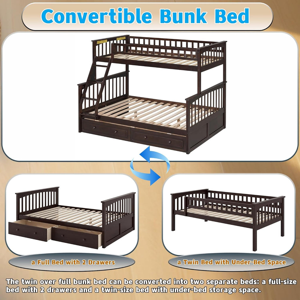 Harper & Bright Designs Convertible Wood Twin Over Full Bunk Bed with 2 Storage Drawers and Ladder - Can Be Divided Into Two Daybeds, Espresso
