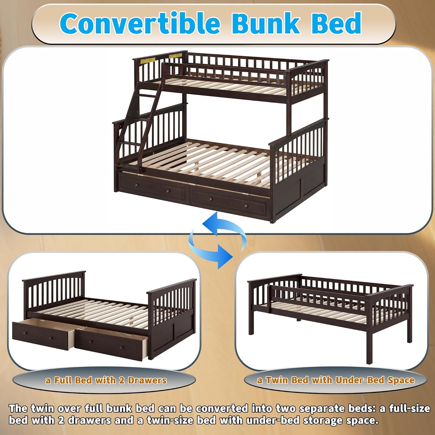 Harper & Bright Designs Convertible Wood Twin Over Full Bunk Bed with 2 Storage Drawers and Ladder - Can Be Divided Into Two Daybeds, Espresso