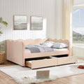 DEINPPA Full Size Upholstered Daybed with 2 Storage Drawers, Gingham Daybed with USB Ports for Bedroom Living Room Guest Room-Pink