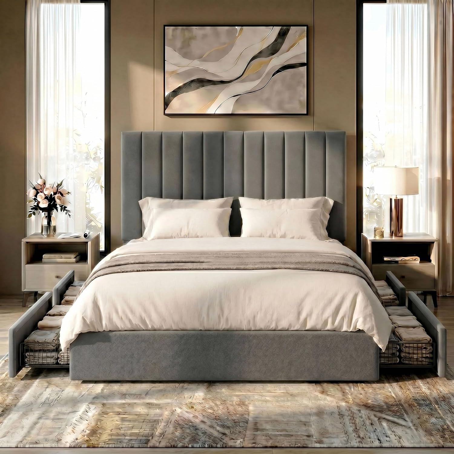SHA CERLIN Full Size Platform Bed Frame with 4 Storage Drawers, Vertical Channel Tufted Adjustable Headboard, Velvet Upholstered, Wooden Slats Support, No Box Spring Needed, Easy Assembly, Grey