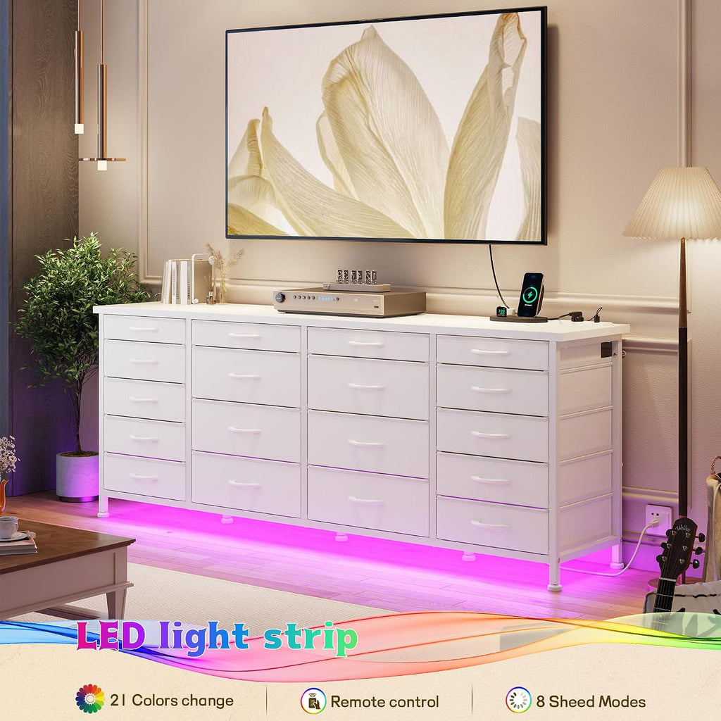 63'W TV Stand for Bedroom with LED Light & Power Outlets, Long White Dresser for Bedroom with 18 Deep Drawers for 65 70 75 inch TV, Fabric Dresser TV Stands for Living Room Entryway Hallway Closet