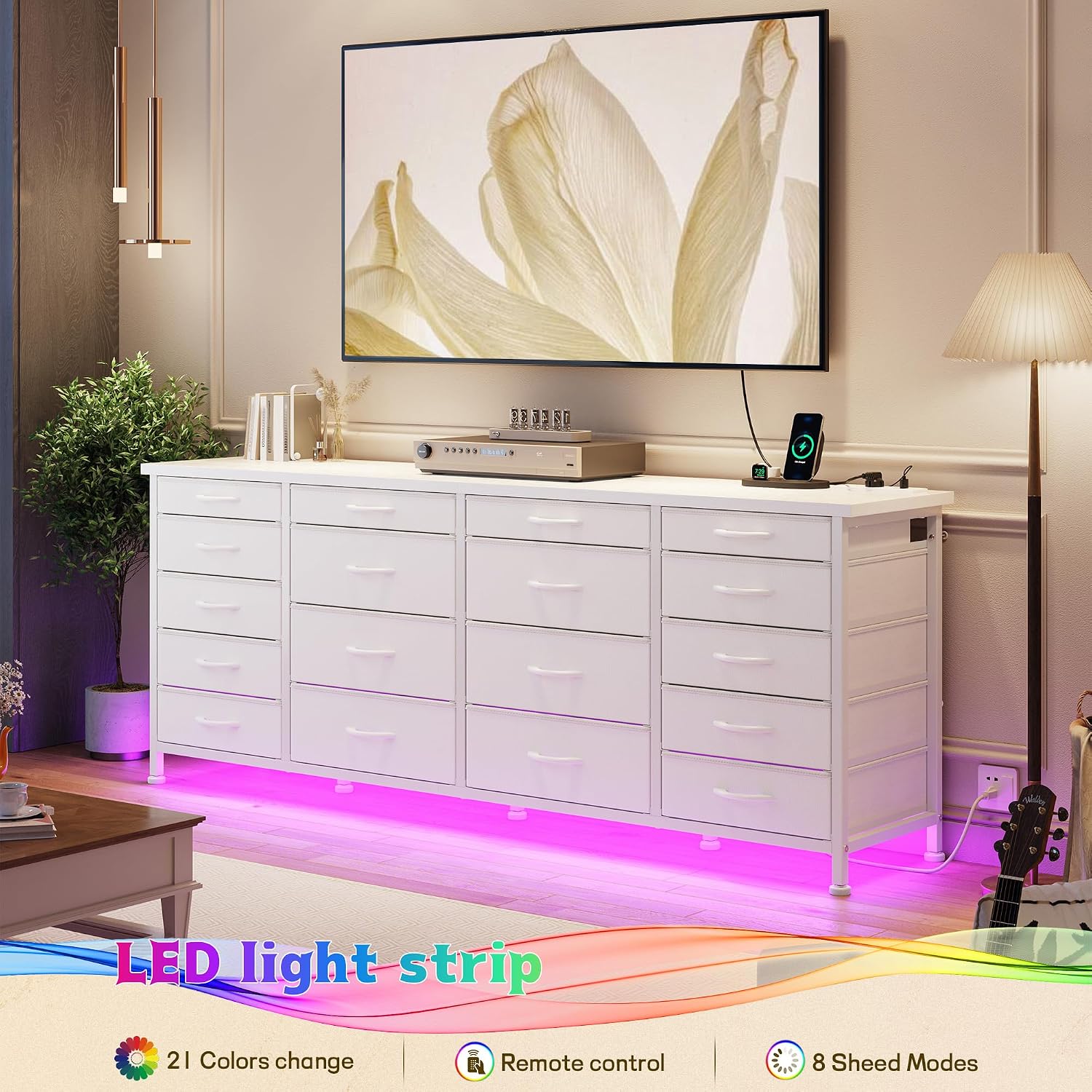 63'W TV Stand for Bedroom with LED Light & Power Outlets, Long White Dresser for Bedroom with 18 Deep Drawers for 65 70 75 inch TV, Fabric Dresser TV Stands for Living Room Entryway Hallway Closet