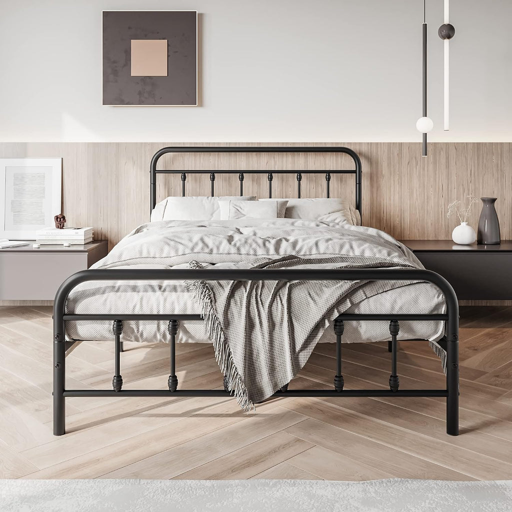 Vintage Full Size Bed Frame with Headboard and Footboard Mattress Heavy Duty Metal Platform, Steel Slat Support (Full, Black Sanded)