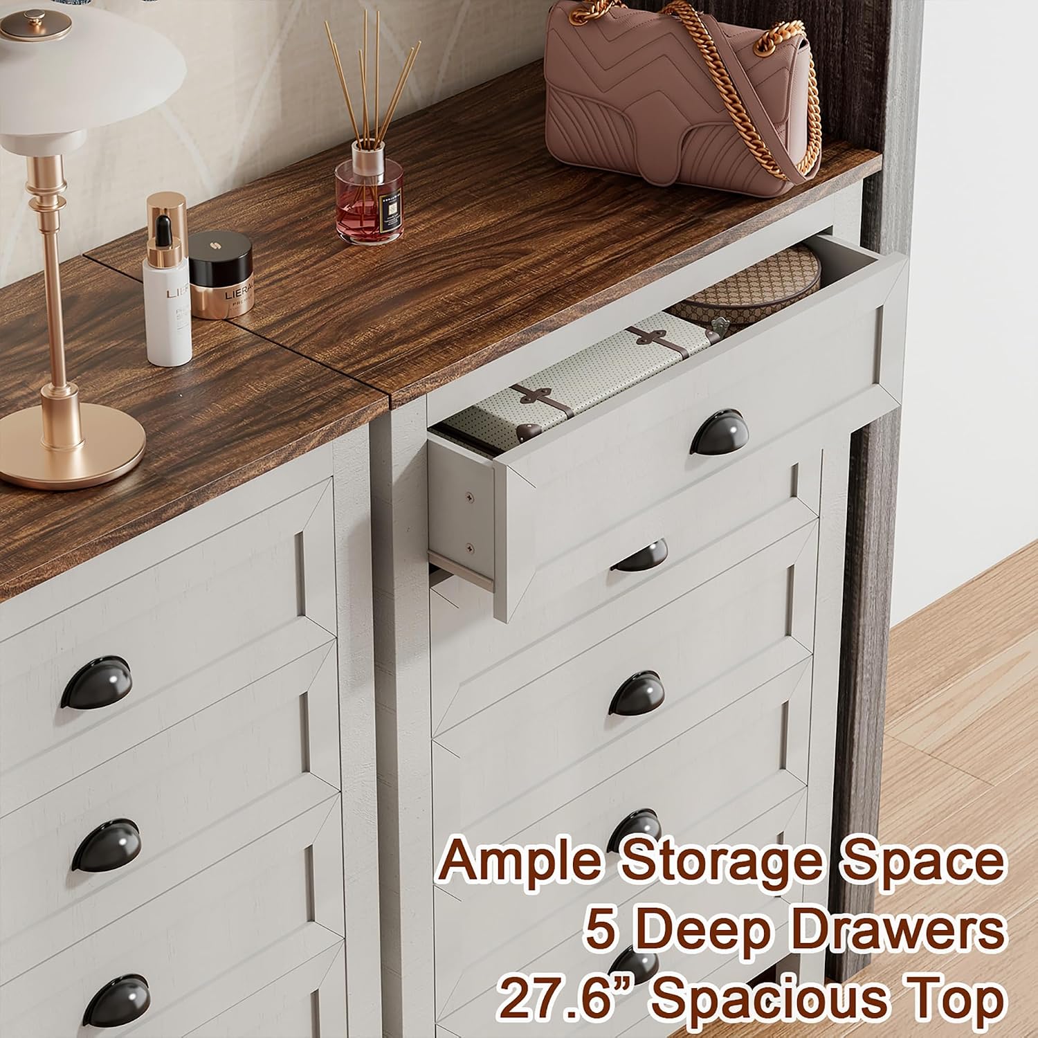 Wananlanen® Farmhouse Dresser for Bedroom, Antique Double Dresser & Chest of Drawer with Vintage Handle and Storage, Wooden Tall Rustic Organizer for Bedroom