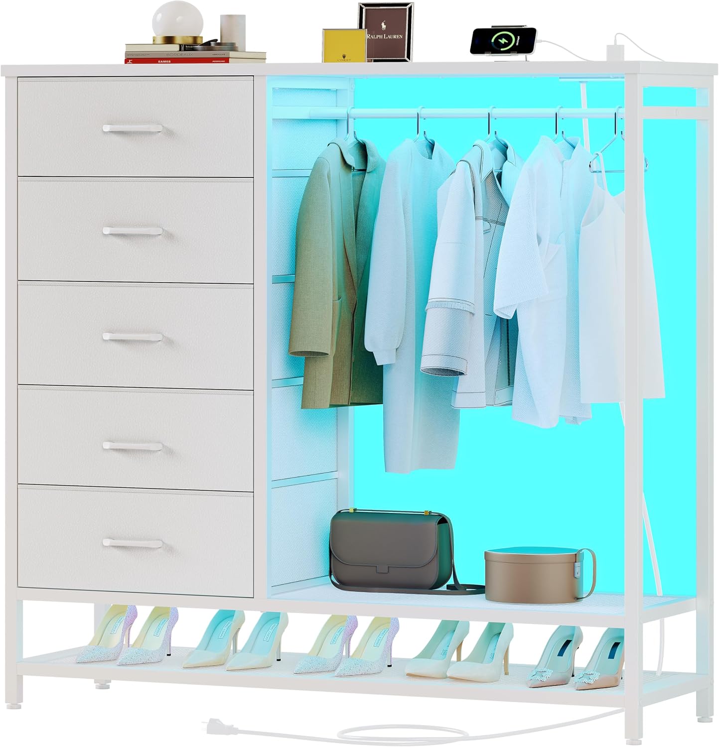 Dresser for Bedroom, Dresser with Hanging Rack Led Lights and Charging Station, White Bedroom Dresser with 5 Fabric Chest of Drawers with PU Finish Storage Organizer, for Living Room Hallway, White