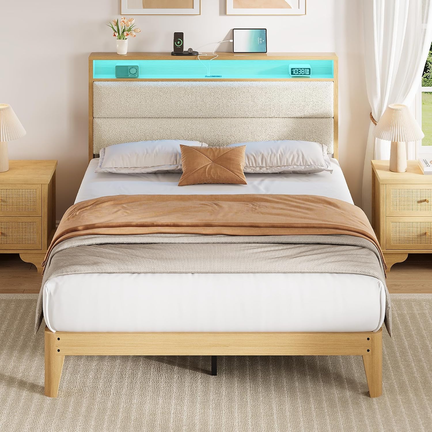 Garvee Full Size Bed Frame with Storage Headboard, LED Boucle Bed Frame with Charging Station, Upholstered Platform Bed, No Box Spring Needed, Easy Assembly, Wooden Slats, Cream