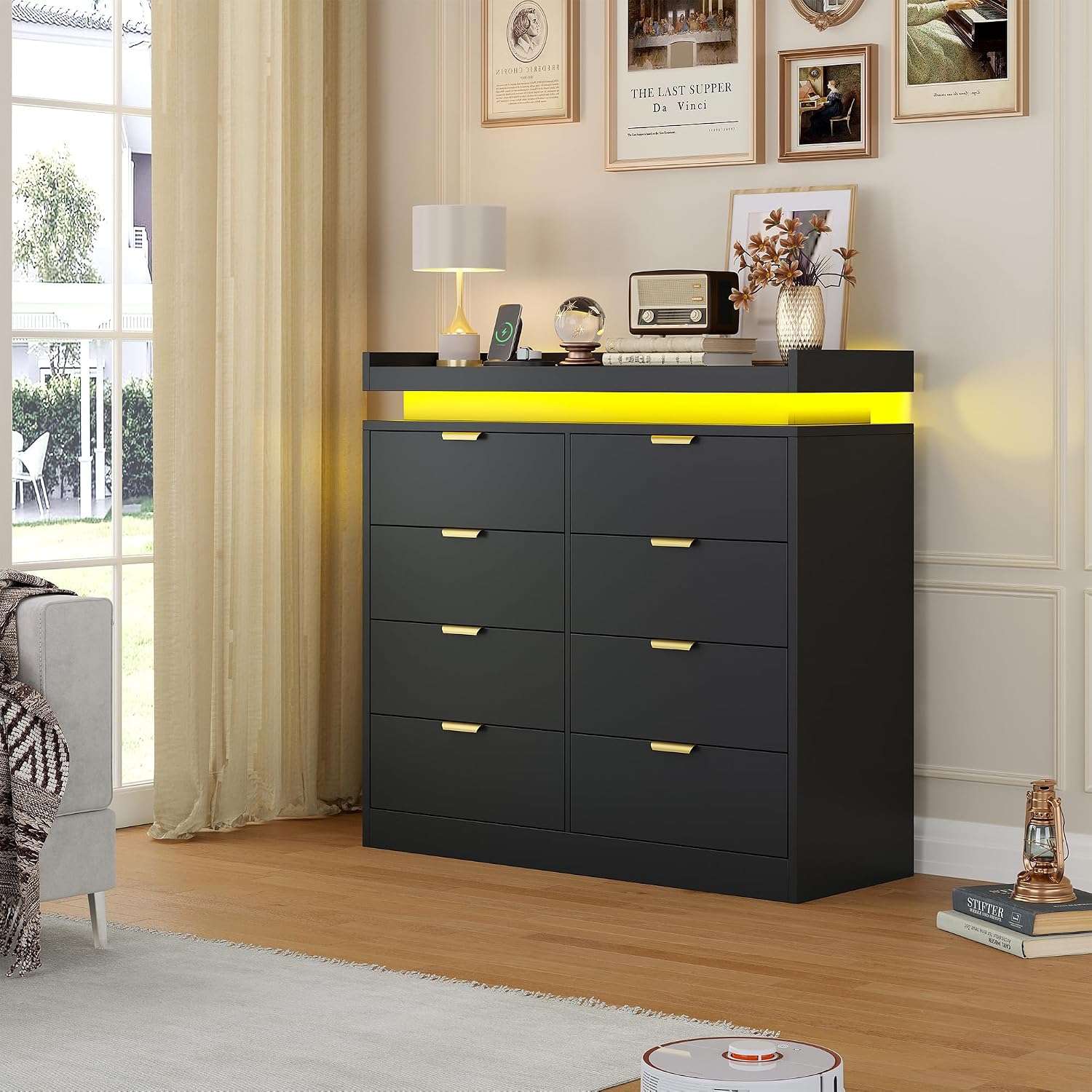 knoworld 8 Drawer Dresser for Bedroom, Black Dresser with LED Lights and Power Outlet, Large Wooden Dressers Modern Chest of Drawers, Double Wide 9 Drawer Dressers for Bedroom, Entryway, Hallway