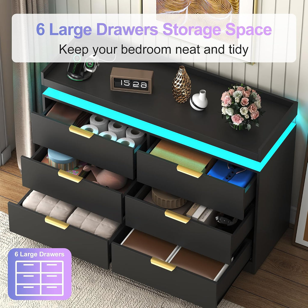 UNIQUITE 6 Drawer Dresser for Bedroom, Black Dresser with LED Lights and Power Outlet, Wooden Dressers Chests of Drawers, Double Wide Dressers for Bedroom, Entryway, Hallway