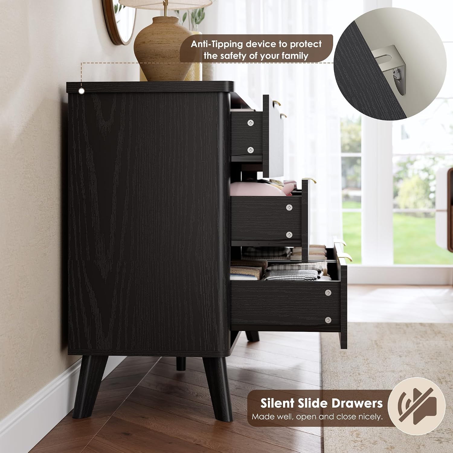 GarveeHome Fluted Dresser for Bedroom with 6 Deep Drawers, 47.2 in Wide Modern Chest of Drawers, Wooden Dresser TV Stand, Curved Profile Design, for Living Room, Kids Room, Hallway, Black