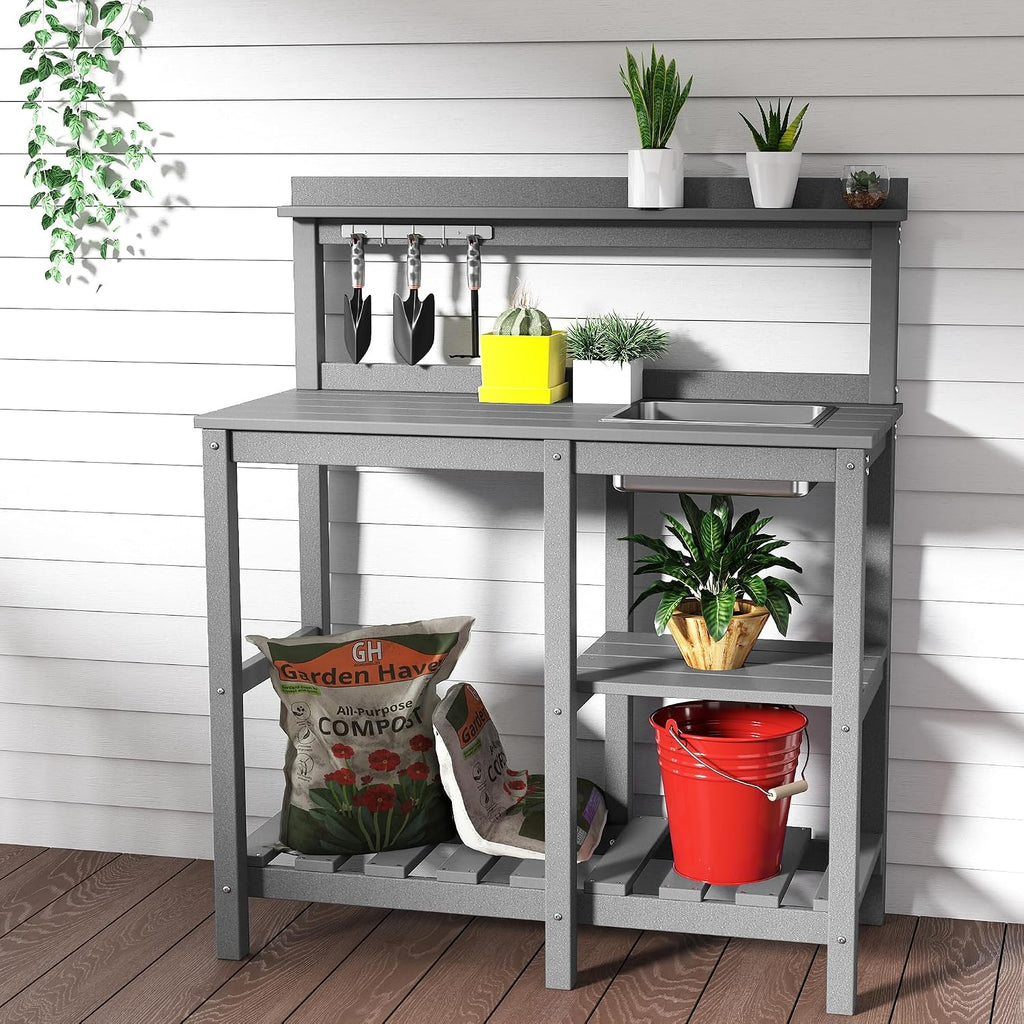 NAVINE Potting Bench, Outdoor Potting Bench with Sink, Hooks, HDPE All Weather Potting Table, Suitable for Patio, Porch, Garden, Yard, Grey